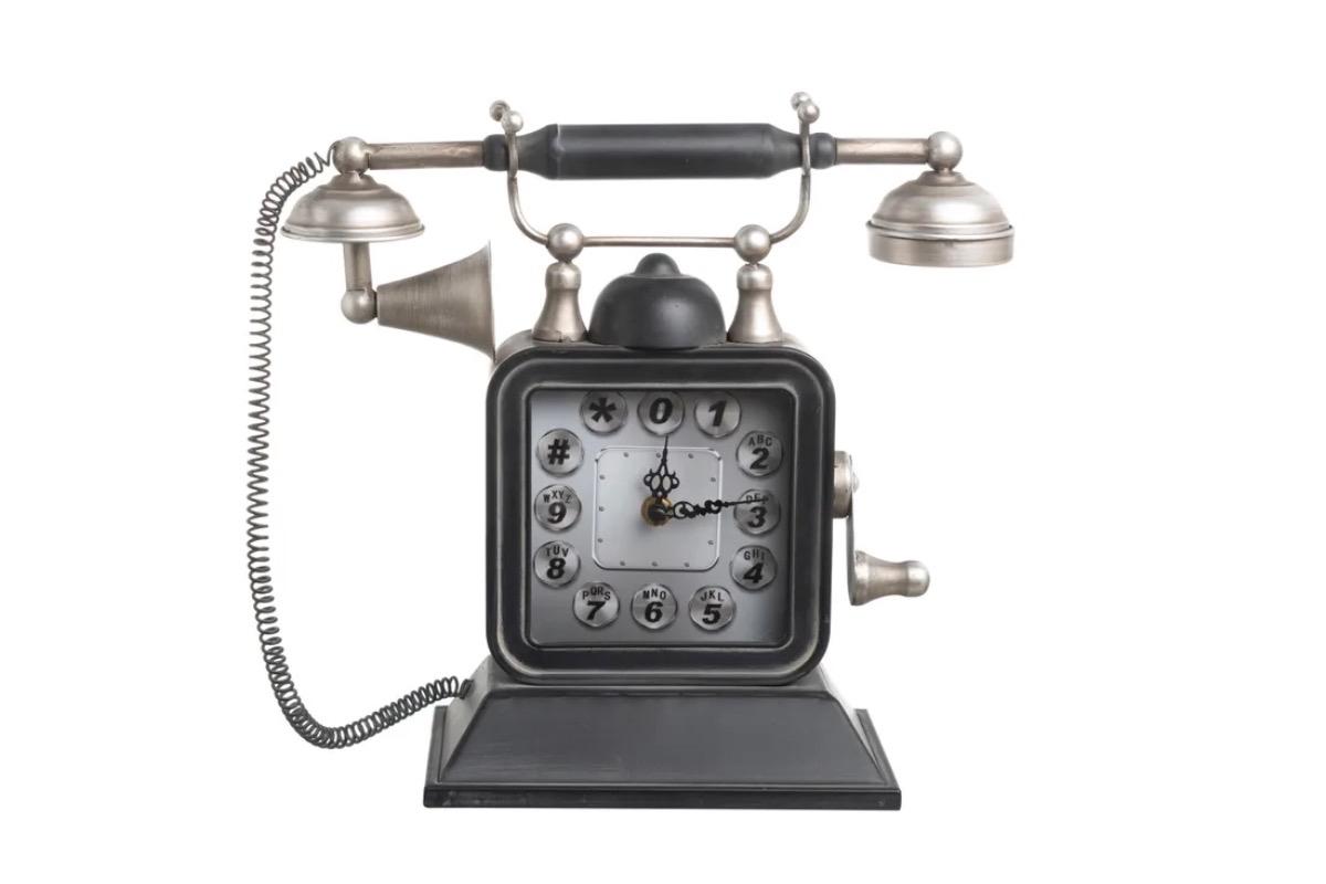 Часы настольные Телефон черный с серебристой трубкой