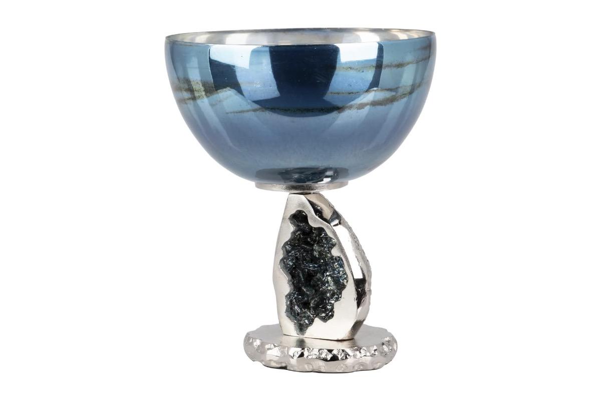 Ваза стеклянная синяя на металлической подставке