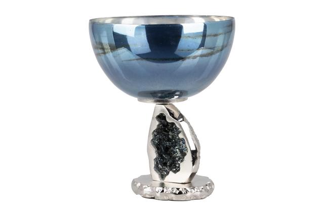 Ваза стеклянная синяя на металлической подставке